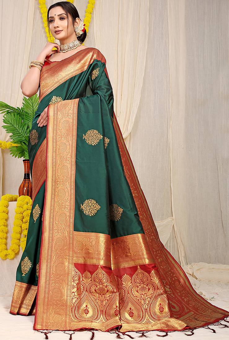 Bottle green silk blend kanjivaram saree with red zari border