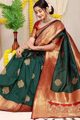 Bottle green silk blend kanjivaram saree with red zari border