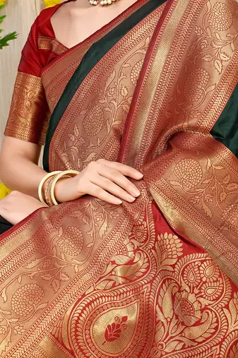 Bottle green silk blend kanjivaram saree with red zari border