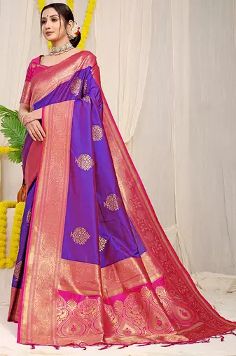 Purple silk blend kanjivaram saree with rani pink zari border