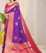 Purple silk blend kanjivaram saree with rani pink zari border