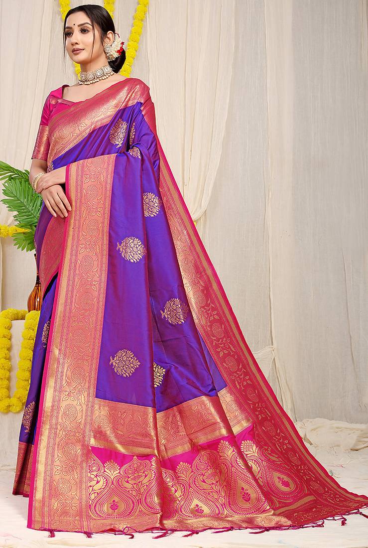 Purple silk blend kanjivaram saree with rani pink zari border