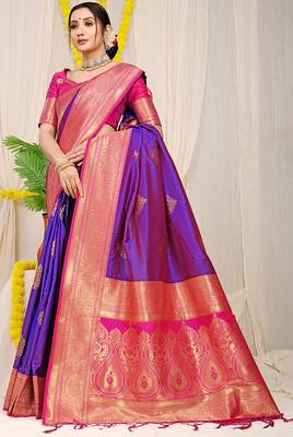Purple silk blend kanjivaram saree with rani pink zari border 2