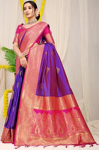 Purple silk blend kanjivaram saree with rani pink zari border