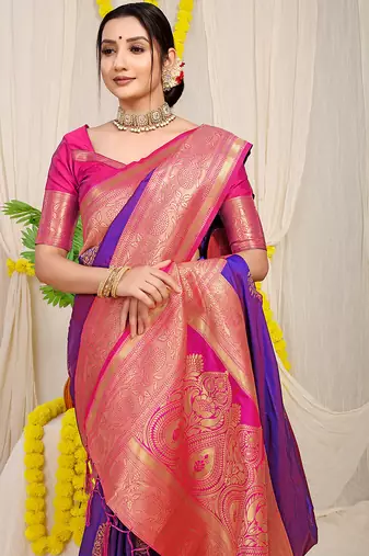 Purple silk blend kanjivaram saree with rani pink zari border