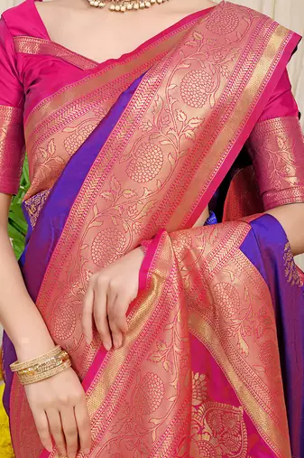 Purple silk blend kanjivaram saree with rani pink zari border