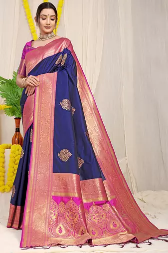 Navy blue silk blend kanjivaram saree with magenta zari border
