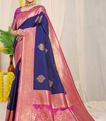 Navy blue silk blend kanjivaram saree with magenta zari border