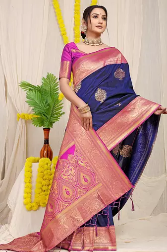 Navy blue silk blend kanjivaram saree with magenta zari border