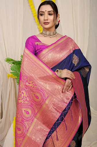 Navy blue silk blend kanjivaram saree with magenta zari border