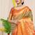 Light olive green silk blend kanjivaram saree with orange zari border