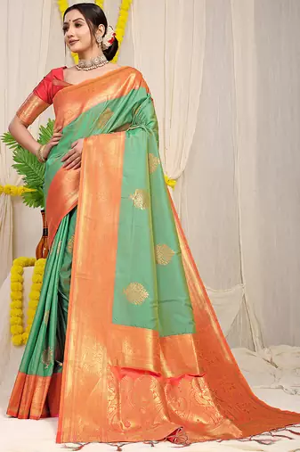 Sea green silk blend kanjivaram saree with peach zari border