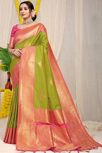 Parrot green silk blend kanjivaram saree with rani pink zari border