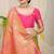 Parrot green silk blend kanjivaram saree with rani pink zari border