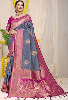 Slate grey silk blend kanjivaram saree with magenta pink zari border 1