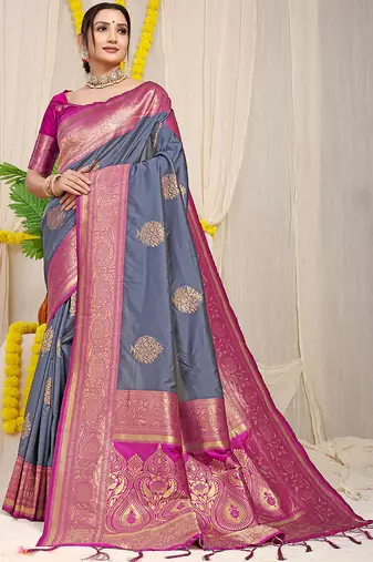 Slate grey silk blend kanjivaram saree with magenta pink zari border