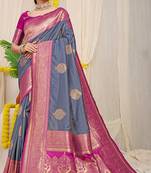 Slate grey silk blend kanjivaram saree with magenta pink zari border