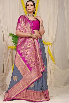 Slate grey silk blend kanjivaram saree with magenta pink zari border 2