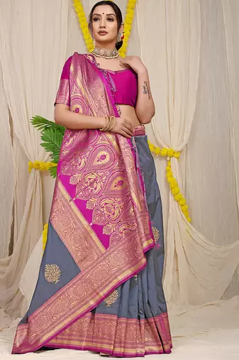 Slate grey silk blend kanjivaram saree with magenta pink zari border