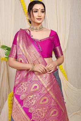 Slate grey silk blend kanjivaram saree with magenta pink zari border 3