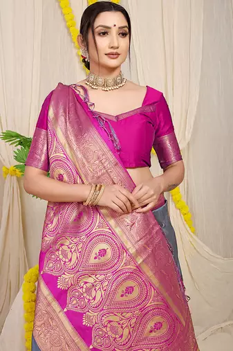 Slate grey silk blend kanjivaram saree with magenta pink zari border