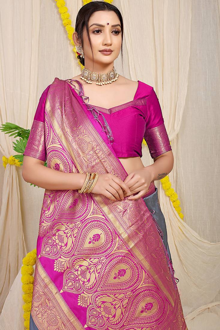 Slate grey silk blend kanjivaram saree with magenta pink zari border