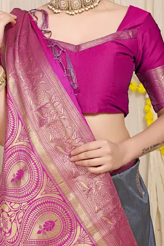 Slate grey silk blend kanjivaram saree with magenta pink zari border