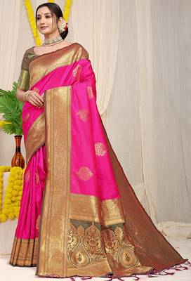 Rani pink silk blend kanjivaram saree with olive green zari border 1