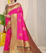 Rani pink silk blend kanjivaram saree with olive green zari border