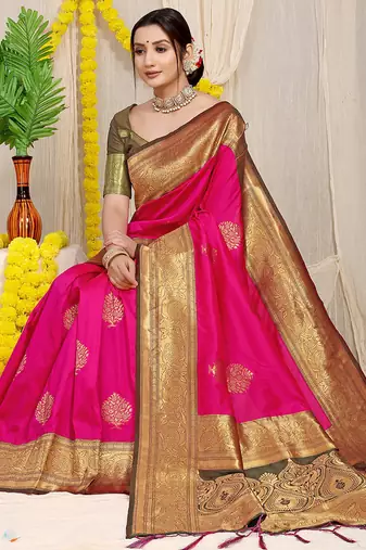Rani pink silk blend kanjivaram saree with olive green zari border