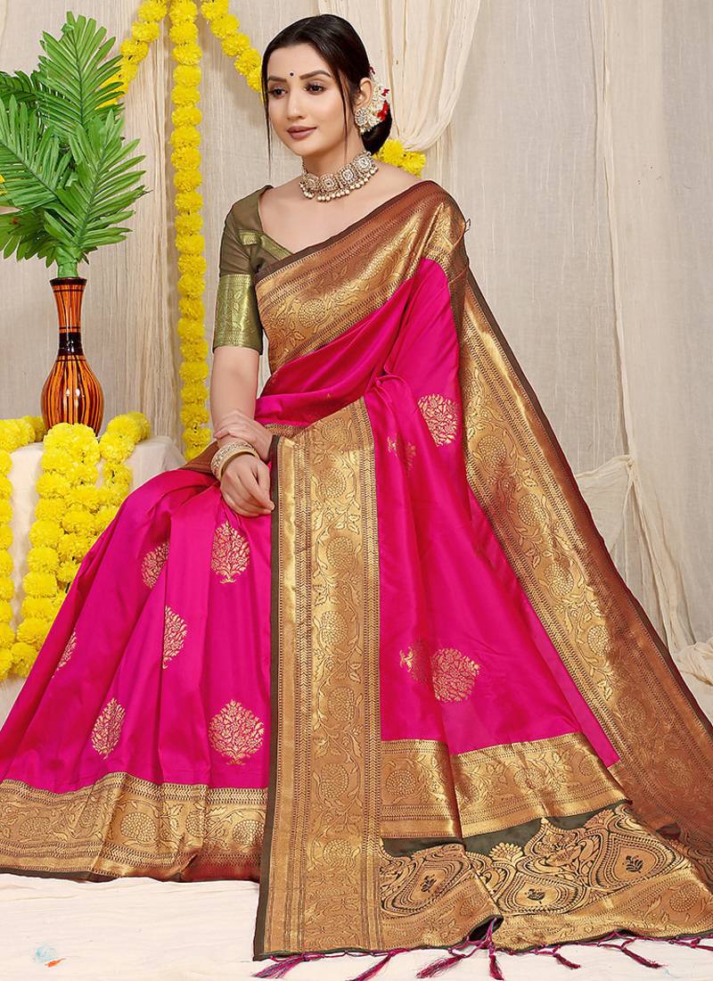 Rani pink silk blend kanjivaram saree with olive green zari border