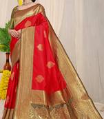 Red silk blend kanjivaram saree with olive green zari border