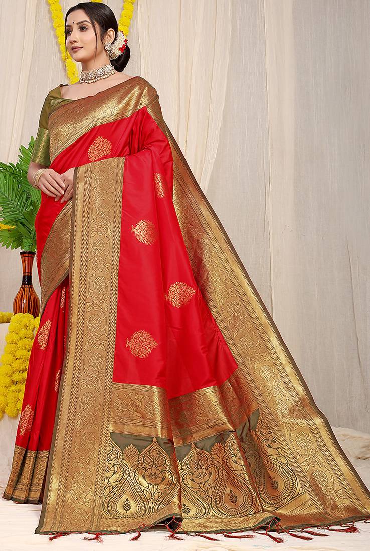 Red silk blend kanjivaram saree with olive green zari border