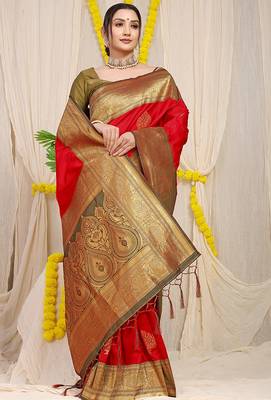 Red silk blend kanjivaram saree with olive green zari border 2
