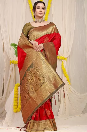Red silk blend kanjivaram saree with olive green zari border