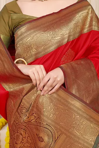 Red silk blend kanjivaram saree with olive green zari border