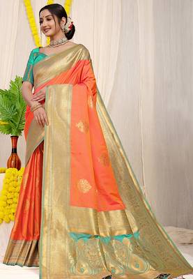 Coral orange silk blend kanjivaram saree with turquoise zari border 1