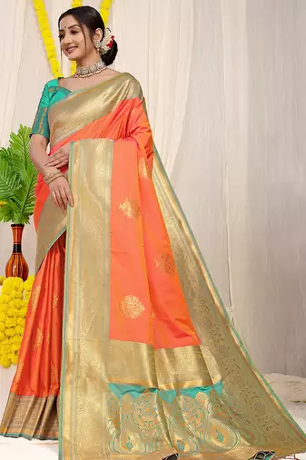 Coral orange silk blend kanjivaram saree with turquoise zari border