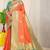 Coral orange silk blend kanjivaram saree with turquoise zari border