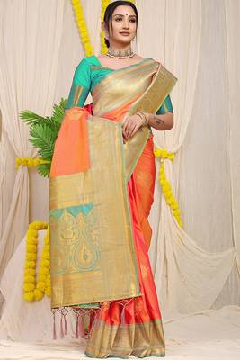 Coral orange silk blend kanjivaram saree with turquoise zari border 2
