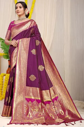 Dark purple silk blend kanjivaram saree with dark magenta zari border
