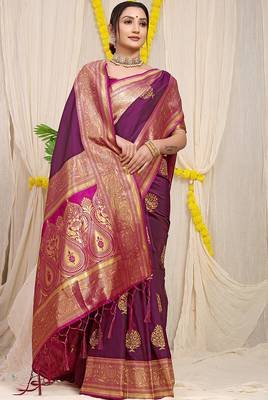 Dark purple silk blend kanjivaram saree with dark magenta zari border 2