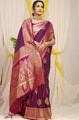 Dark purple silk blend kanjivaram saree with dark magenta zari border
