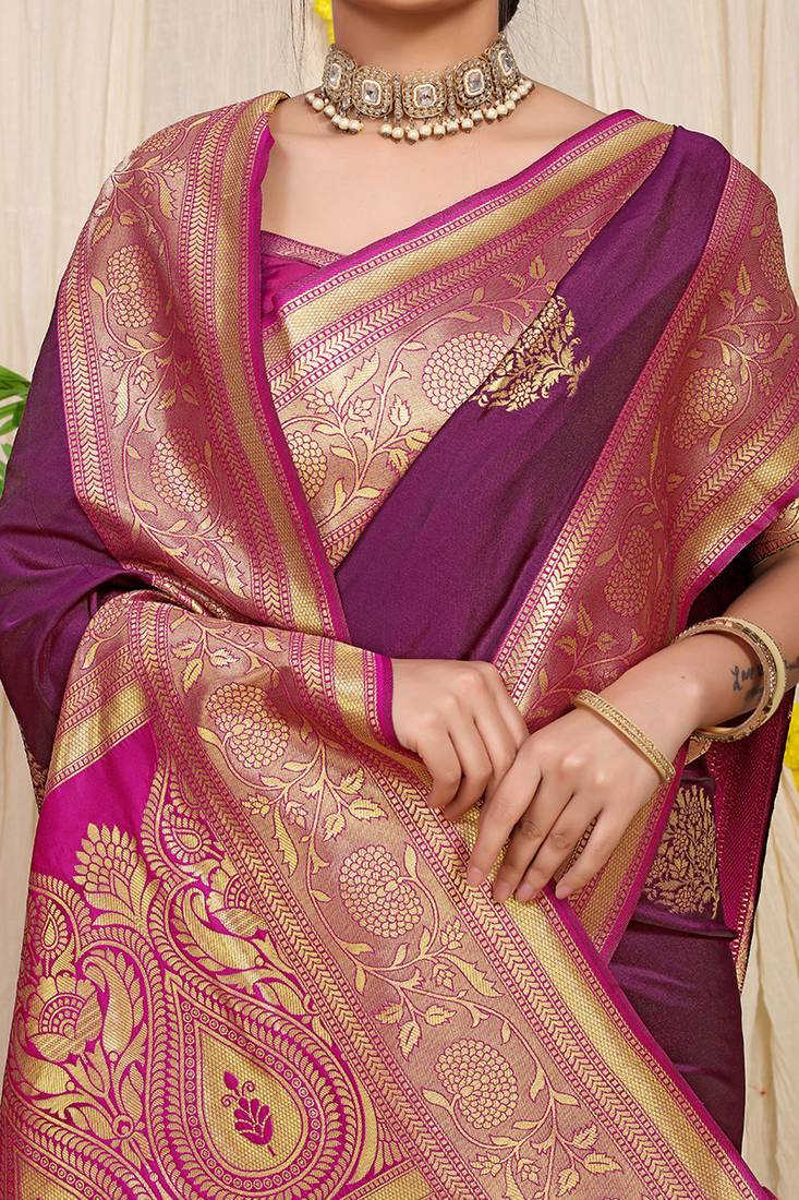 Dark purple silk blend kanjivaram saree with dark magenta zari border