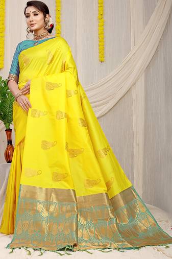 Yellow silk blend saree with rich zari paisley weaving & sea green contrast border