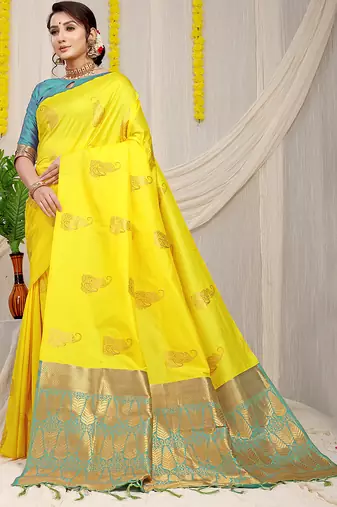 Yellow silk blend saree with rich zari paisley weaving & sea green contrast border