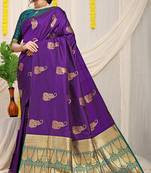 Purple silk blend saree with rich zari paisley weaving & teal contrast border