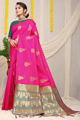 Rani pink silk blend saree with rich zari paisley weaving & teal contrast border 1