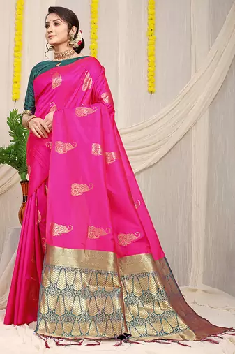 Rani pink silk blend saree with rich zari paisley weaving & teal contrast border