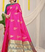 Rani pink silk blend saree with rich zari paisley weaving & teal contrast border